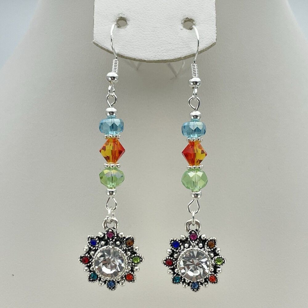 Silver Multi Color Beaded Flower Rhinestone Dangle Earrings Boho